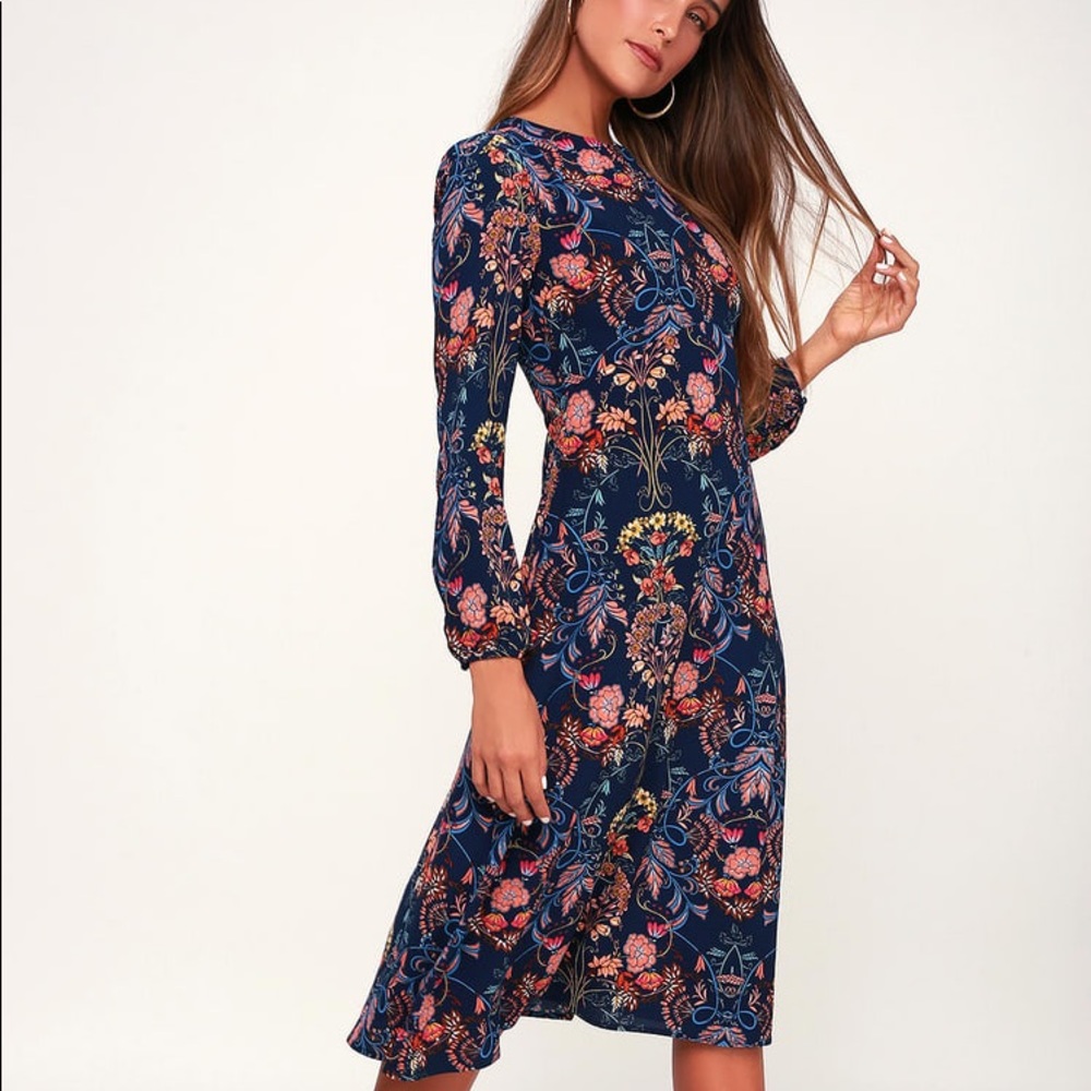 Garden Splendor Navy Blue Floral Print Dress